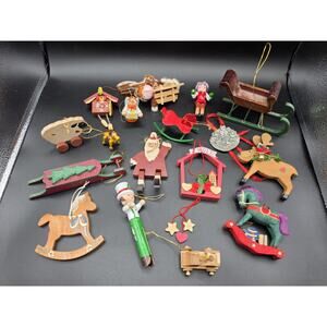 Vintage Christmas Ornaments Lot Primative Folk Art Style Wood Metal